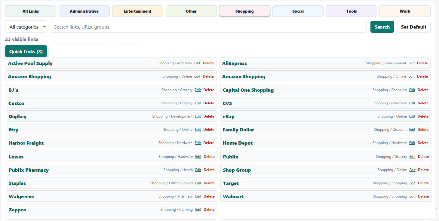 MyFavoriteLinks Shopping view with view buttons, search controls, the Quick Links group, and saved shopping links